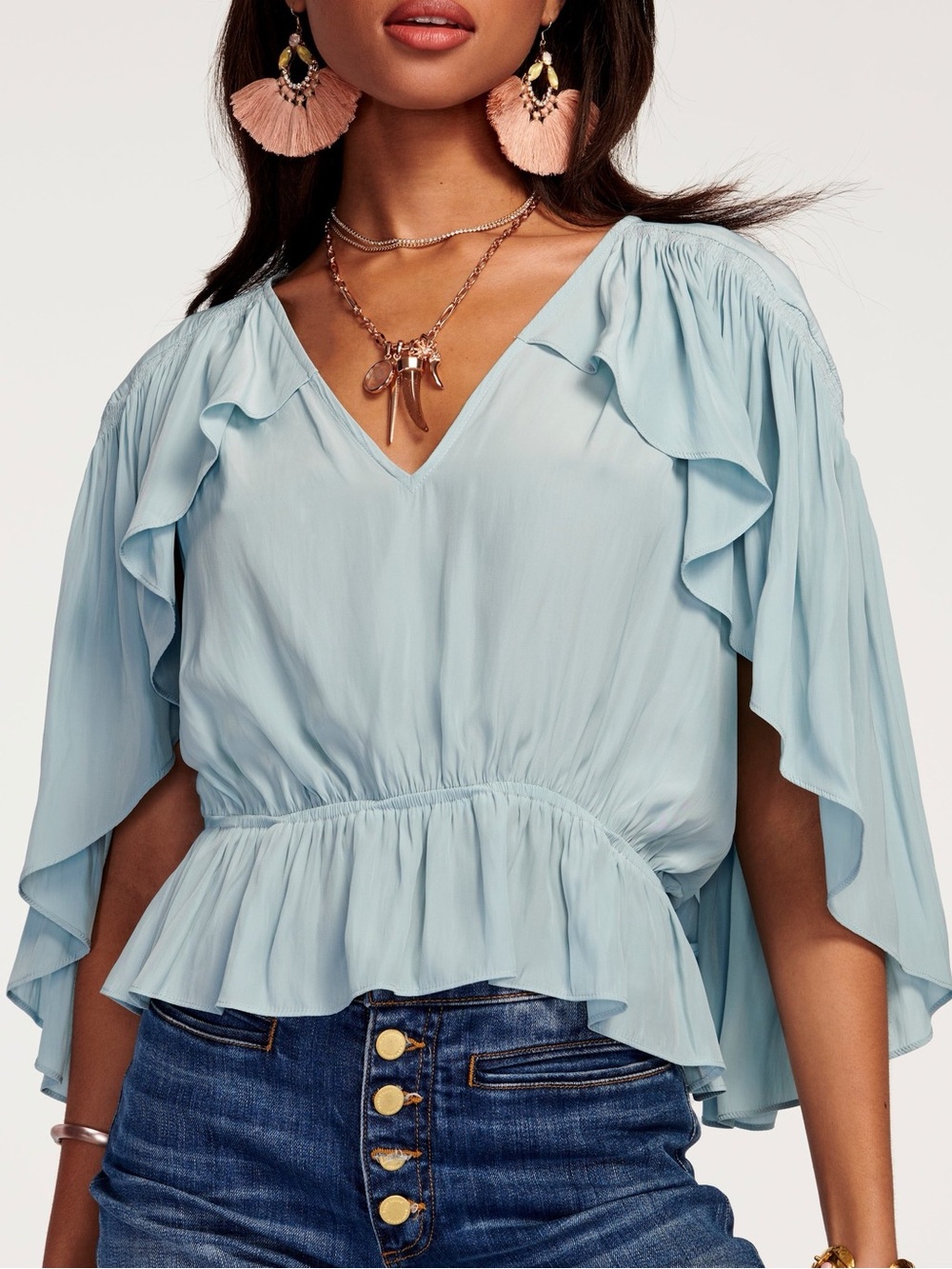 New Ramy Brook $325 Cambridge Pale Mystic Blue Ruffle VNeck Peplum Blouse XS NWT